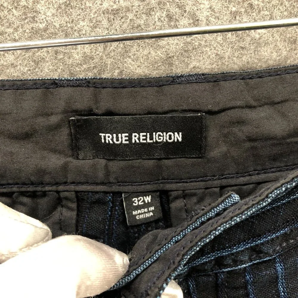 True Religion Devin‎ Cropped Trouser Jeans Mens 32 Blue Striped Dark Wash